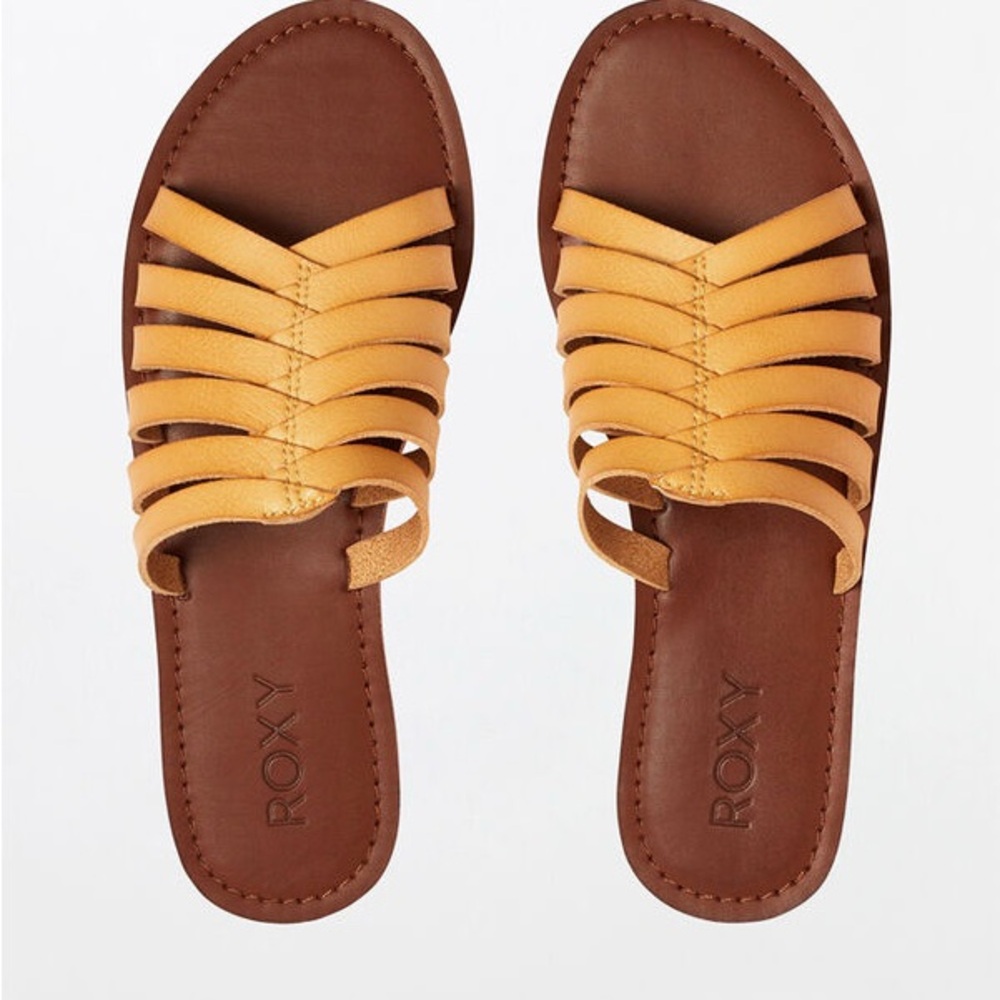 Roxy Women's Leather Multi-Strap Tan Slide Sandal 7